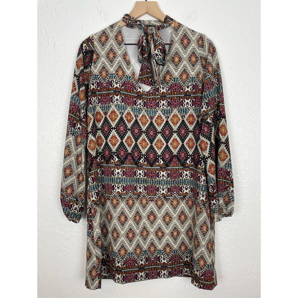 Veronica M. Geometric Print Long Sleeve Tie-Neck Dress Size Medium